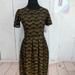 LuLaRoe Black and Gold A-Line Midi Dress with Short Sleeves